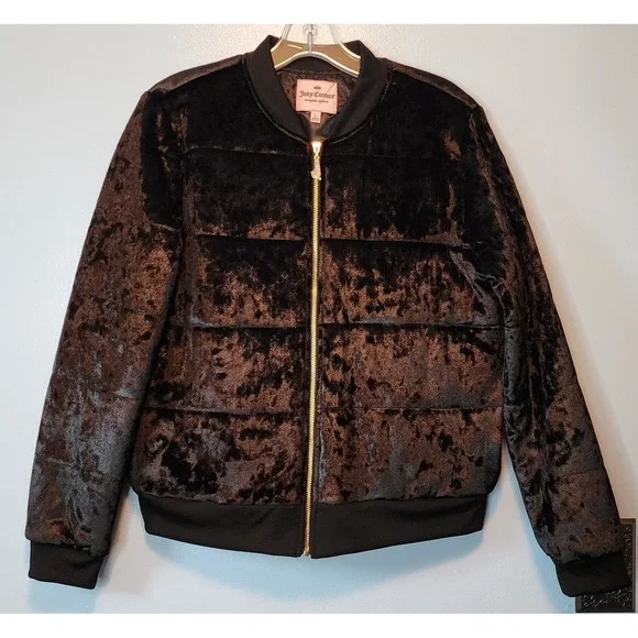 Juicy Couture Black Velvet Puffer Bomber Jacket Gold Zipper Charm‎ L NEW EXC - Picture 2 of 9